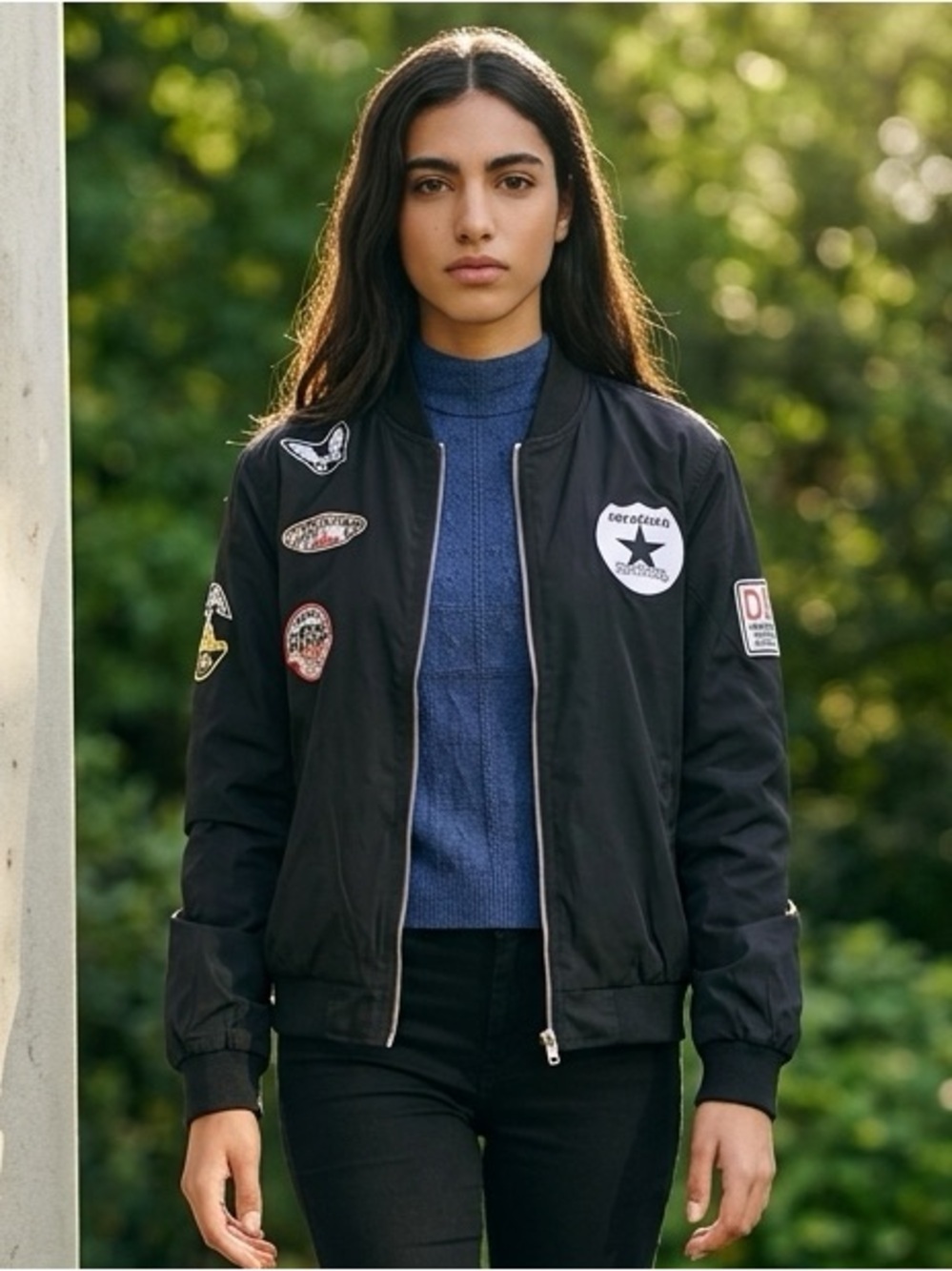 NWT - Women’s Curvy Plus Retro Patches Front Zipper Black Bomber Jacket Size 1XL